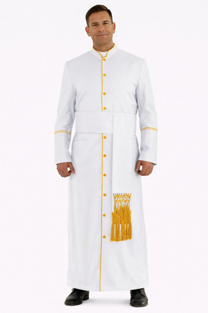 Man wearing a white robe with gold accents on a white background