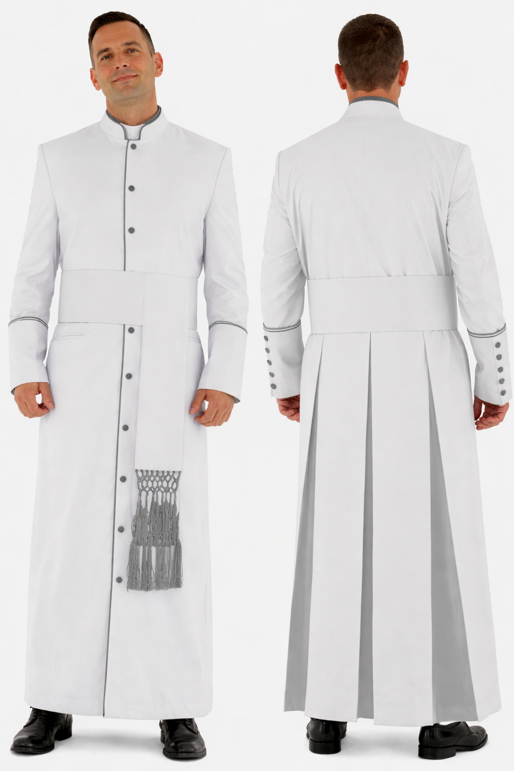 Front and back view of men’s white and gray clergy cassock robe with match sash  on a white background.