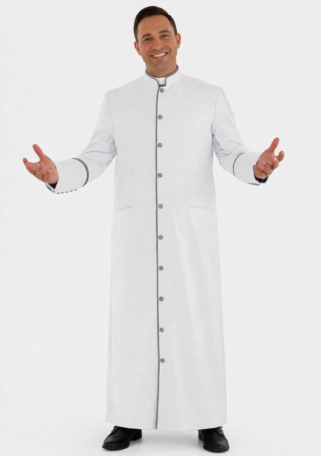 Man white and gray clergy cassock robe with sash on the white background 