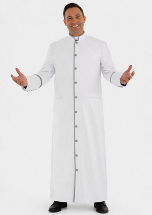 Man white and gray clergy cassock robe with sash on the white background 