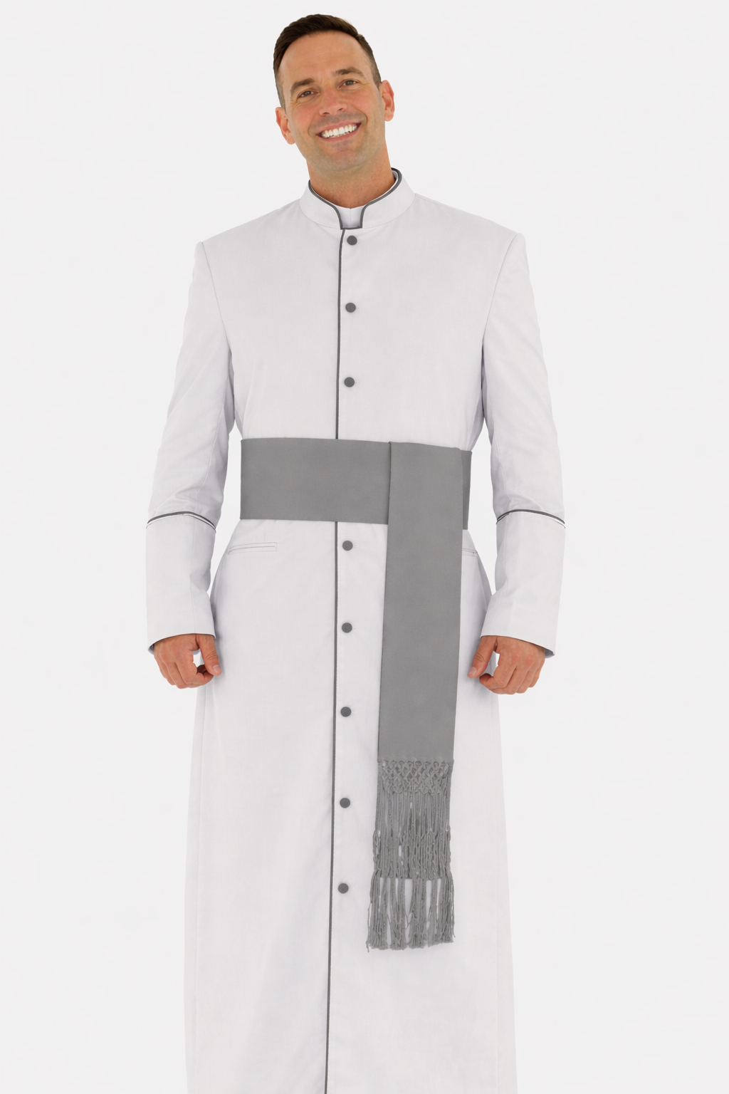 Man white and gray clergy cassock robe with sash on the white background 