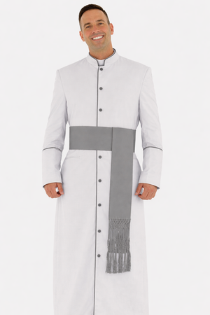 Man white and gray clergy cassock robe with sash on the white background 
