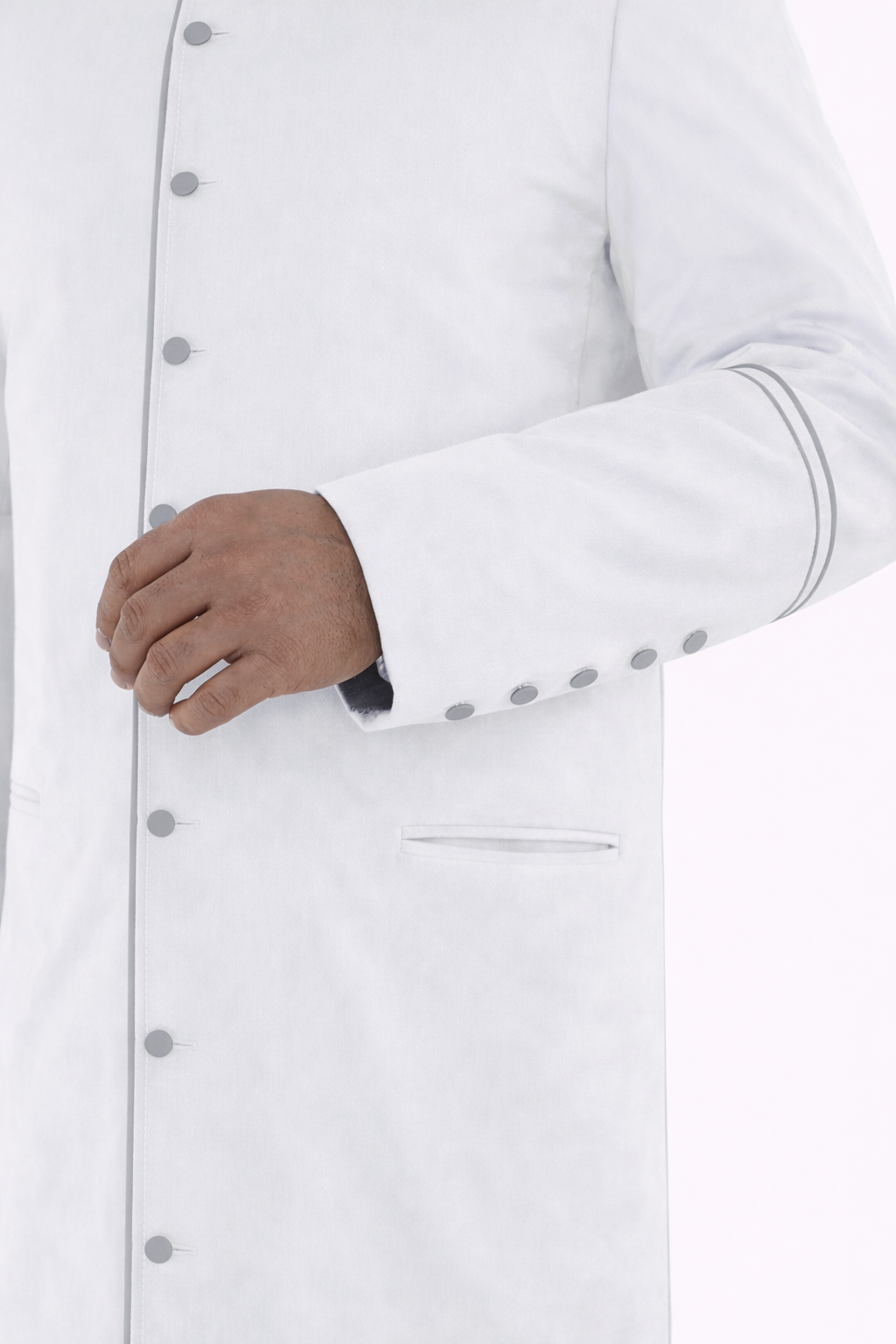 Man white and gray clergy cassock robe on the white background 