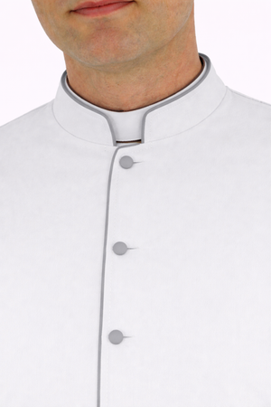 Man white and gray clergy cassock robe on the white background 