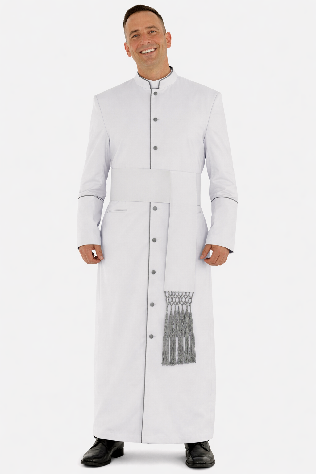 Man white and gray clergy cassock robe with sash on the white background 