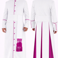 White robe with pink accents worn by a person, shown from front and back on a white background.