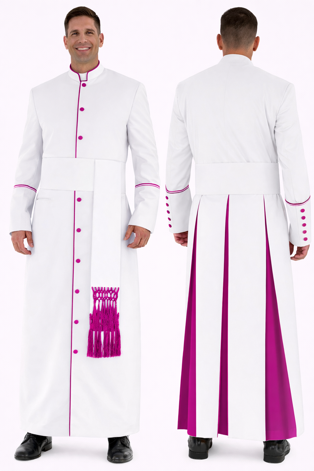 White robe with pink accents worn by a person, shown from front and back on a white background.