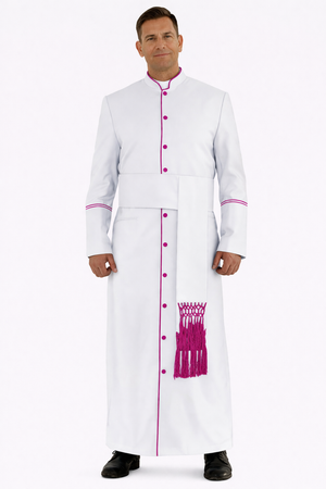 Man wearing a white robe with pink accents on a white background