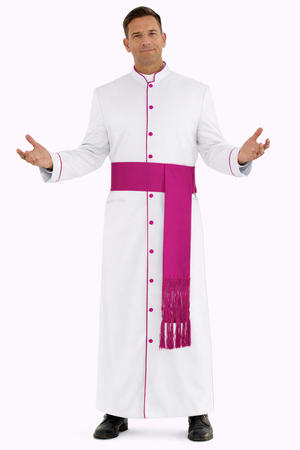 Person wearing a white robe with a pink sash on a white background