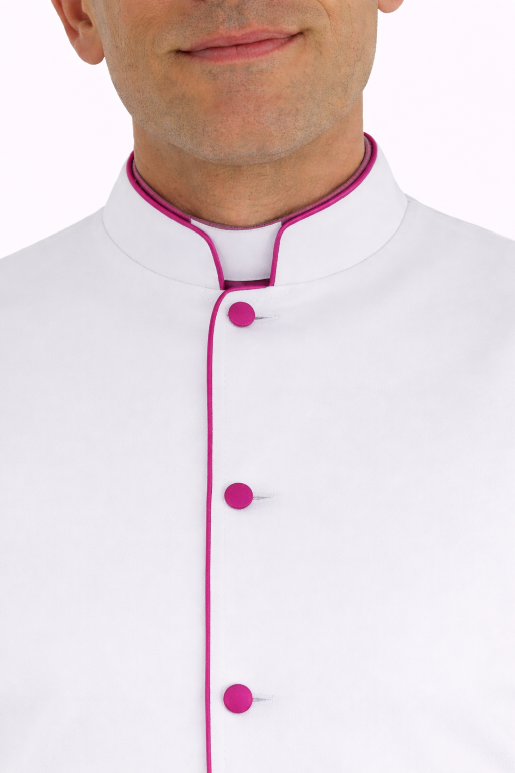 White cassock with pink buttons on a white background