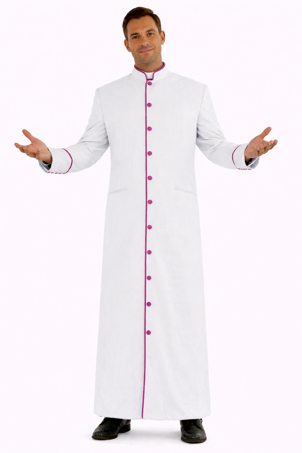 Man wearing a long white cassock with pink buttons on a white background