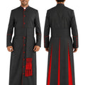 A man modeling a long dark gray ceremonial or clerical cassock shown from both front and back views against a plain white background.