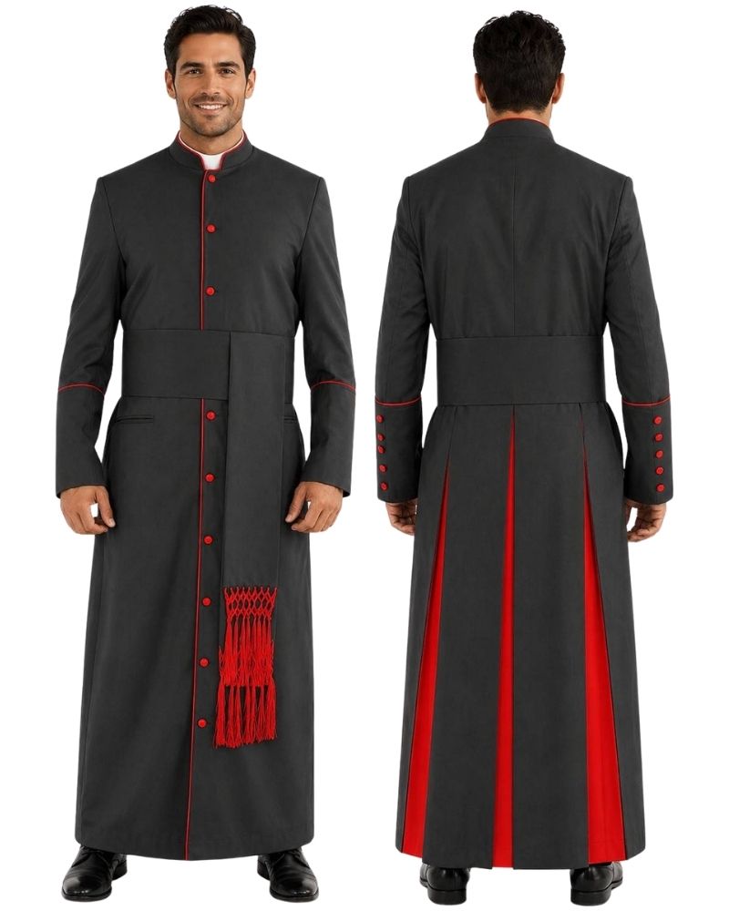 A man modeling a long dark gray ceremonial or clerical cassock shown from both front and back views against a plain white background.