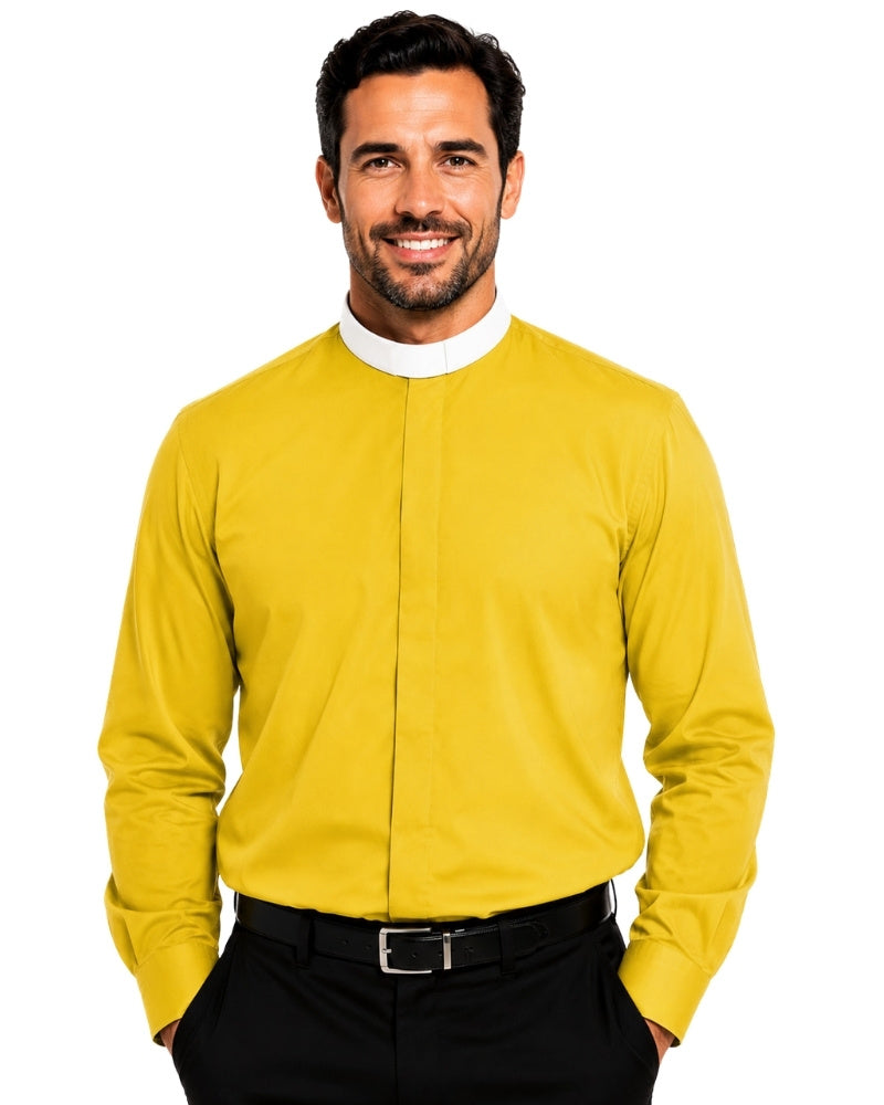 Man wearing a yellow long-sleeve clerical shirt with a white collar on a white background