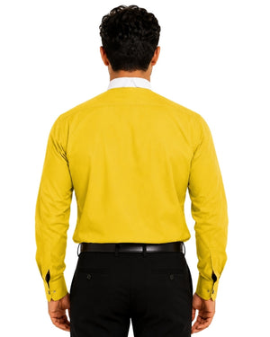 Man wearing a yellow long-sleeve clerical shirt with a white collar on a white background