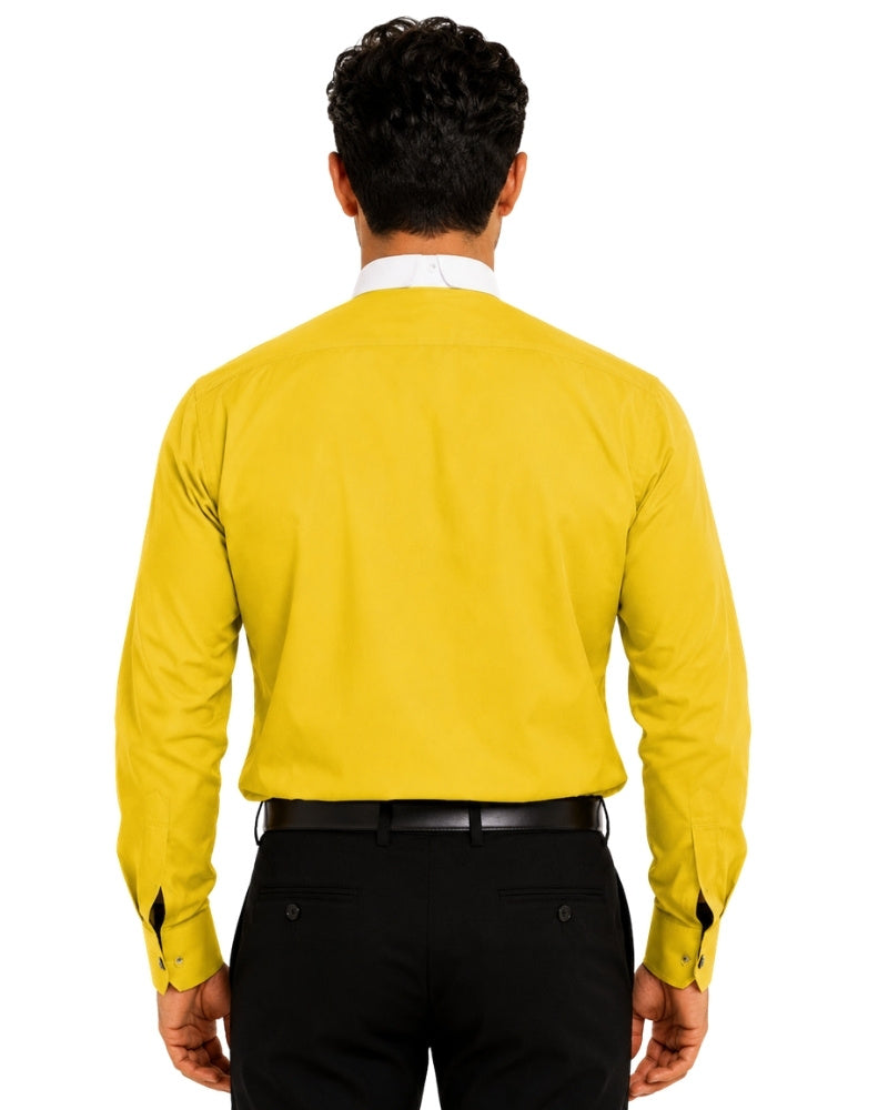 Man wearing a yellow long-sleeve clerical shirt with a white collar on a white background