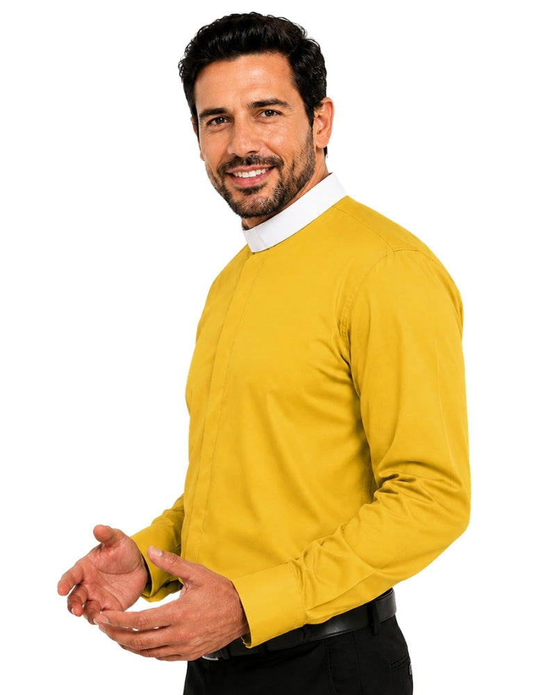 Man wearing a yellow long-sleeve clerical shirt with a white collar on a white background