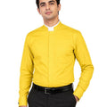 A man wearing a bright yellow long-sleeve clerical shirt with a white clerical collar, paired with black trousers and a black belt, against a plain white background.