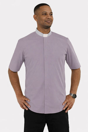 Man wearing a gray shirt with a white collar on a white background