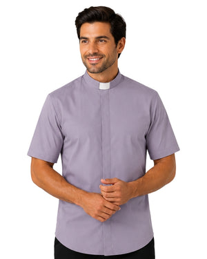 Man wearing gray clerical shirt on white background.