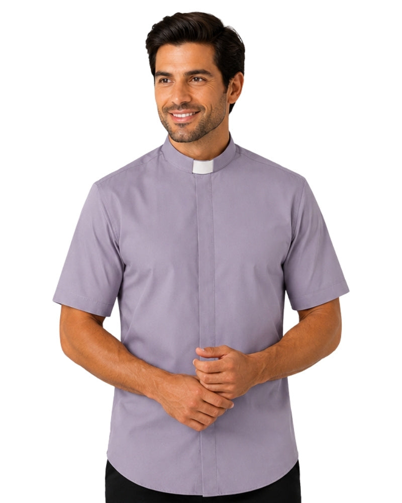 Man wearing gray clerical shirt on white background.