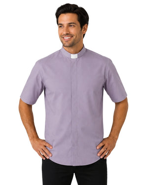 Man wearing gray clerical shirt on white background.