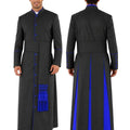 A man modeling a long dark gray clerical cassock shown from both the front and back views against a plain white background.