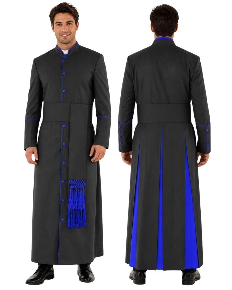 A man modeling a long dark gray clerical cassock shown from both the front and back views against a plain white background.