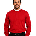 Man wearing a red clerical shirt with a white collar on a white background.