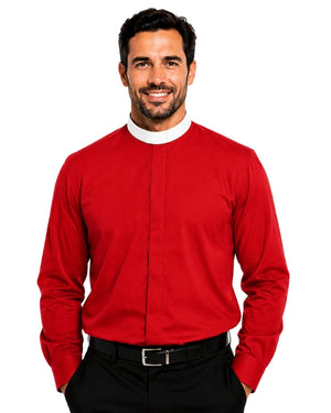 Man wearing a red clerical shirt with a white collar on a white background.