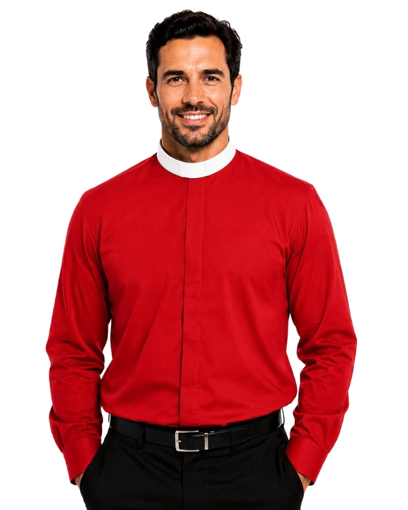 Man wearing a red clerical shirt with a white collar on a white background.