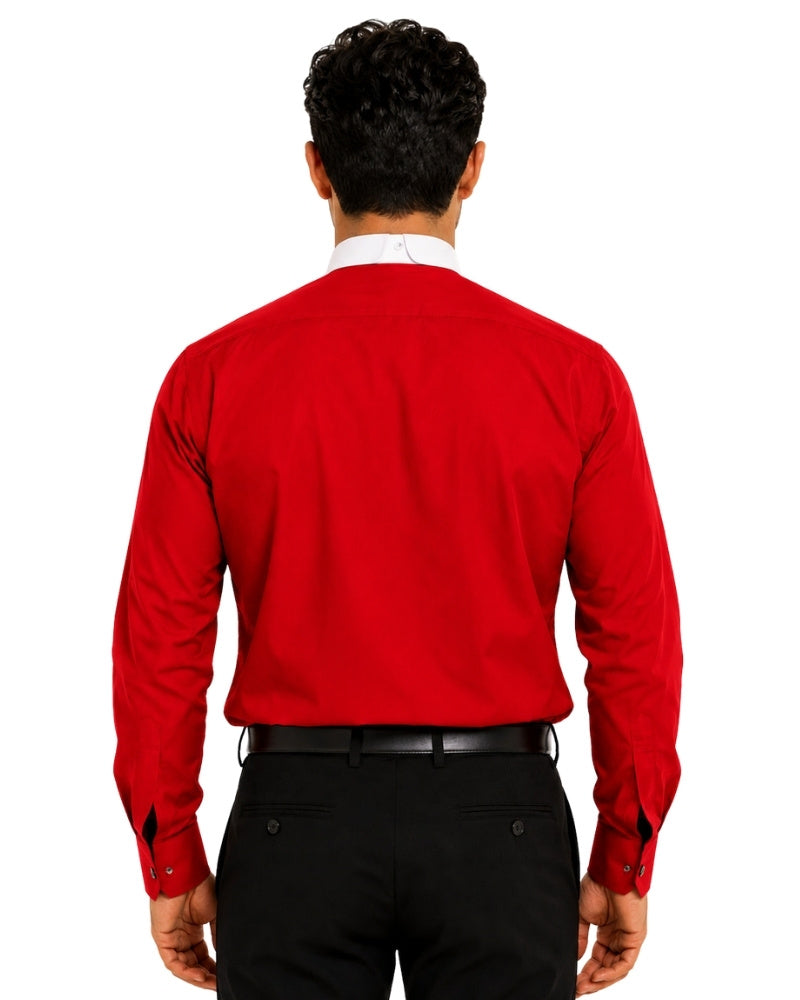 Man wearing a red clerical shirt with a white collar on a white background.
