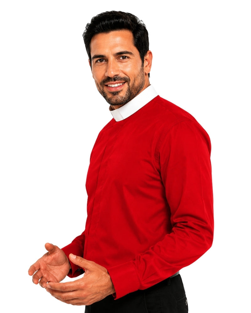 Man wearing a red clerical shirt with a white collar on a white background.