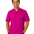 Man wearing a bright pink clerical shirt with a white collar on a white background