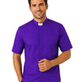 Man wearing purple clergy shirt on white background.