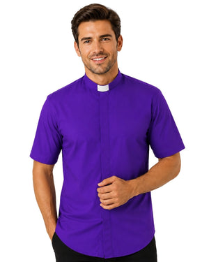 Man wearing purple clergy shirt on white background.