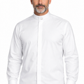 Man wearing a white dress shirt with a high collar on a white background