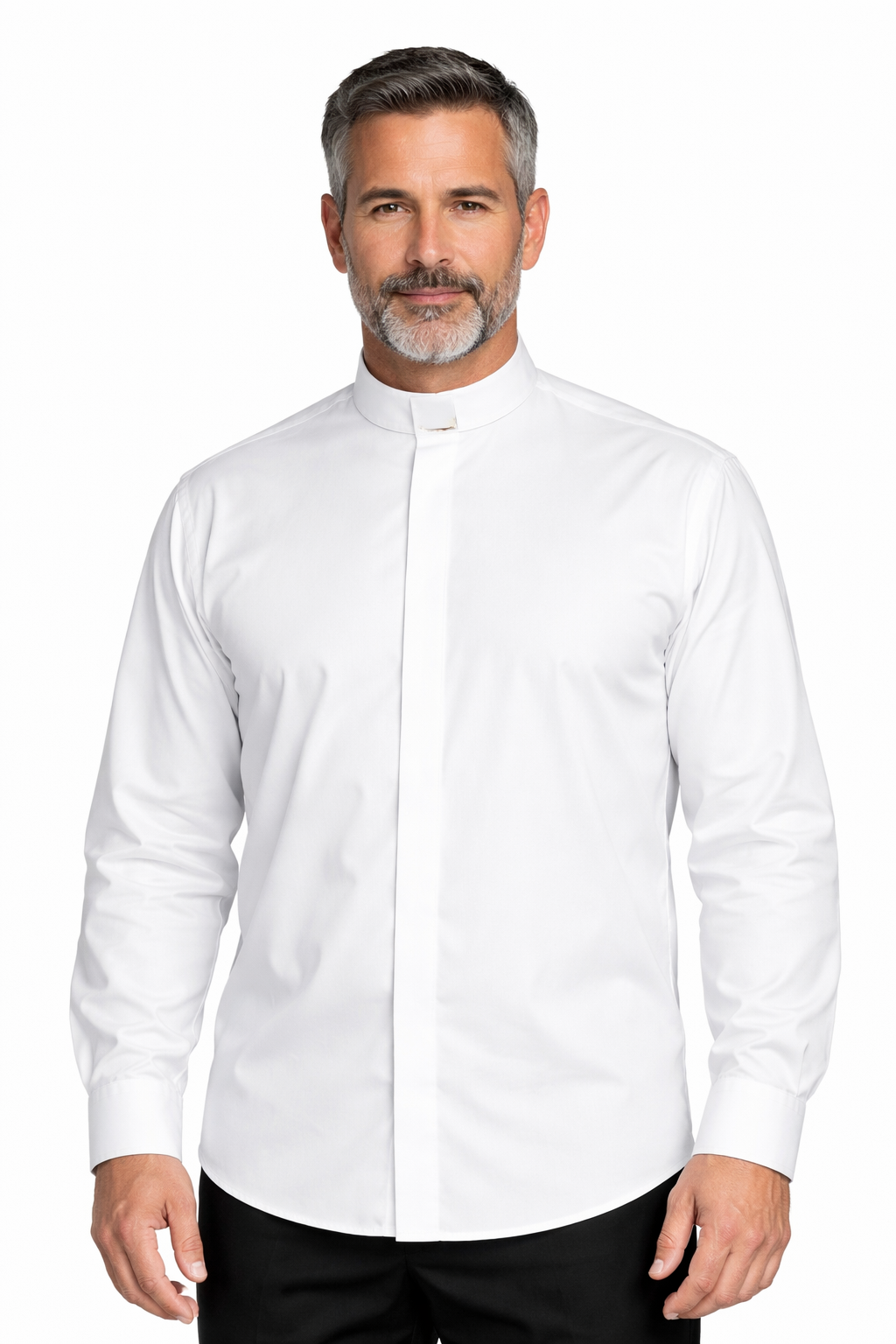Man wearing a white dress shirt with a high collar on a white background
