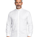 Man wearing a white dress shirt with a high collar on a white background