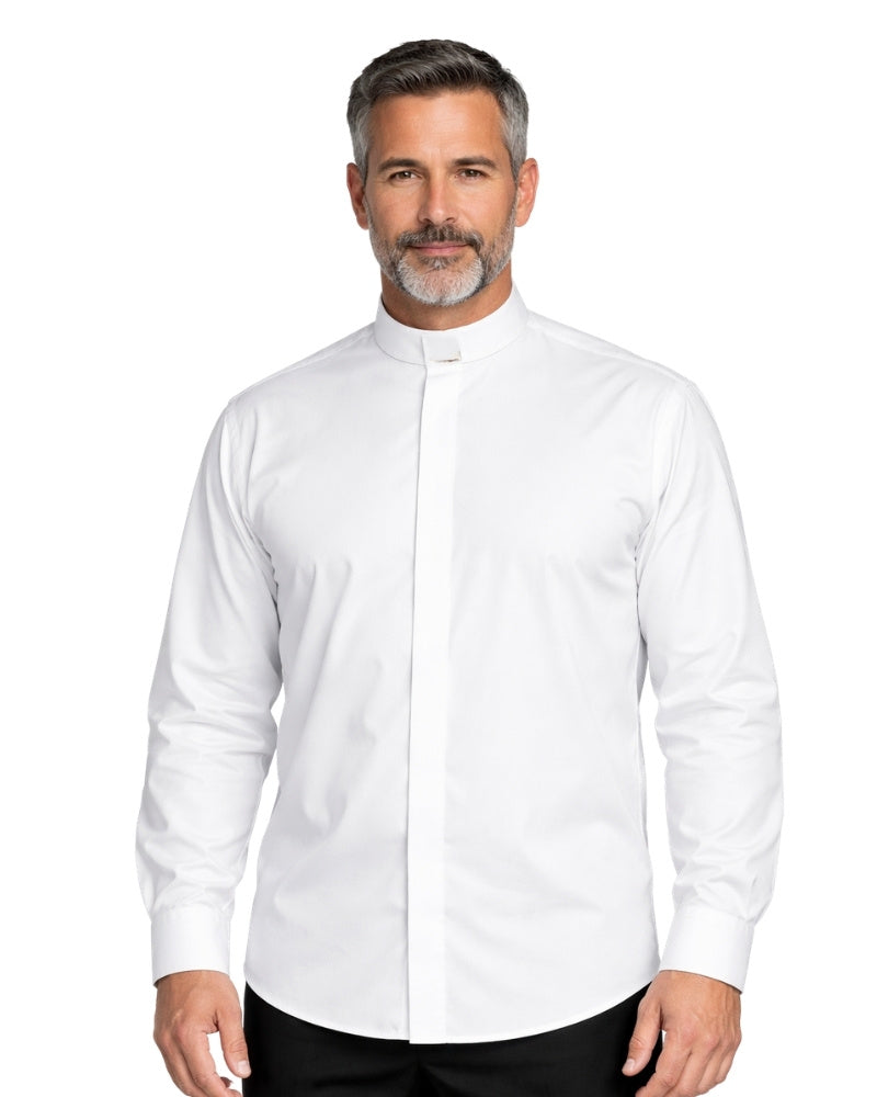 Man wearing a white dress shirt with a high collar on a white background