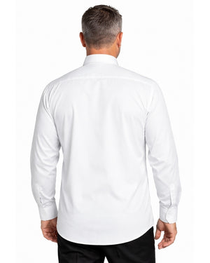 Man wearing a white dress shirt with a high collar on a white background