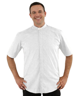 Man wearing a white shirt with a collar on a white background