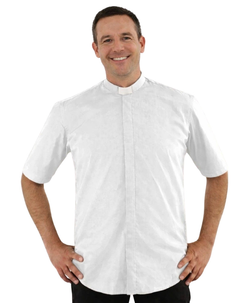 Man wearing a white shirt with a collar on a white background