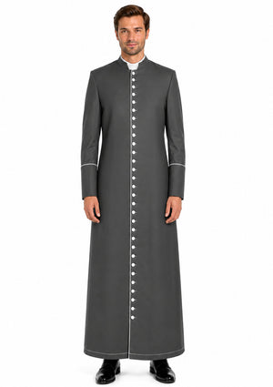 Man wearing a long gray robe with white buttons on a white background