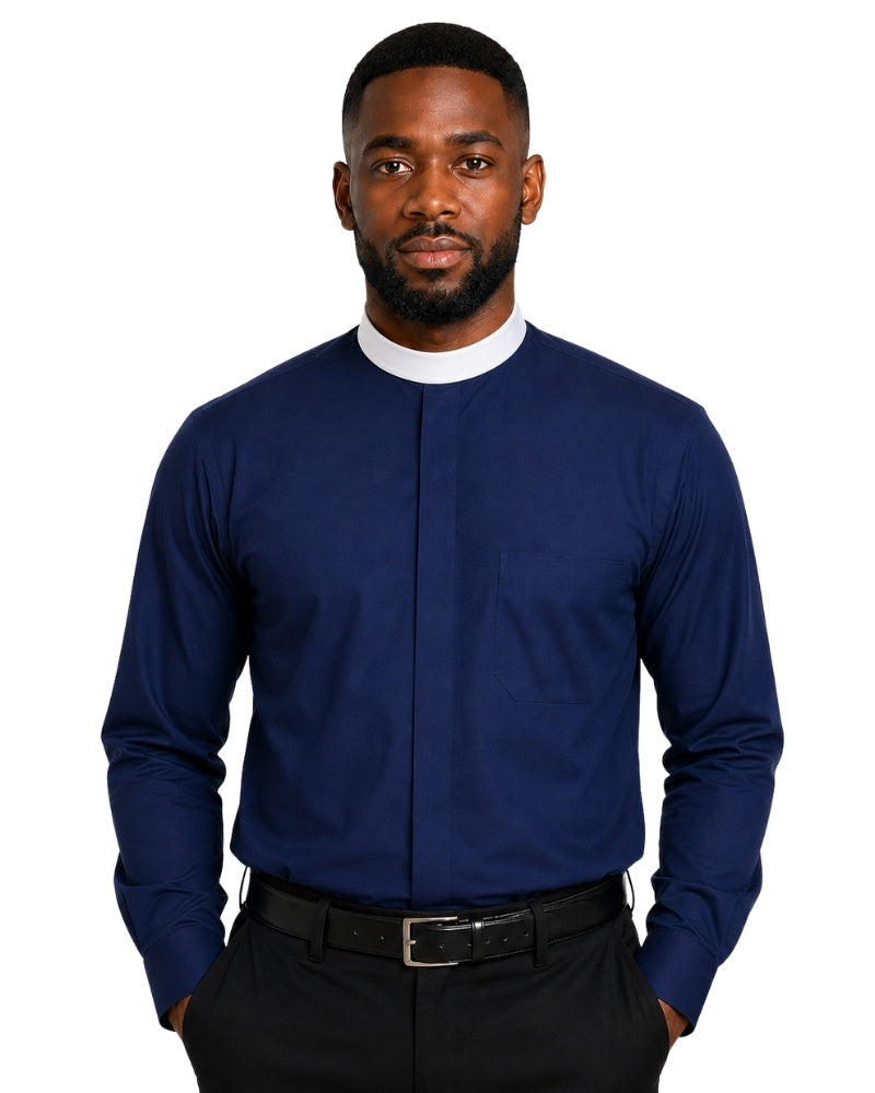 A man wearing a navy blue long-sleeve clerical shirt with a white collar, paired with black trousers and a black belt, photographed against a solid white background.