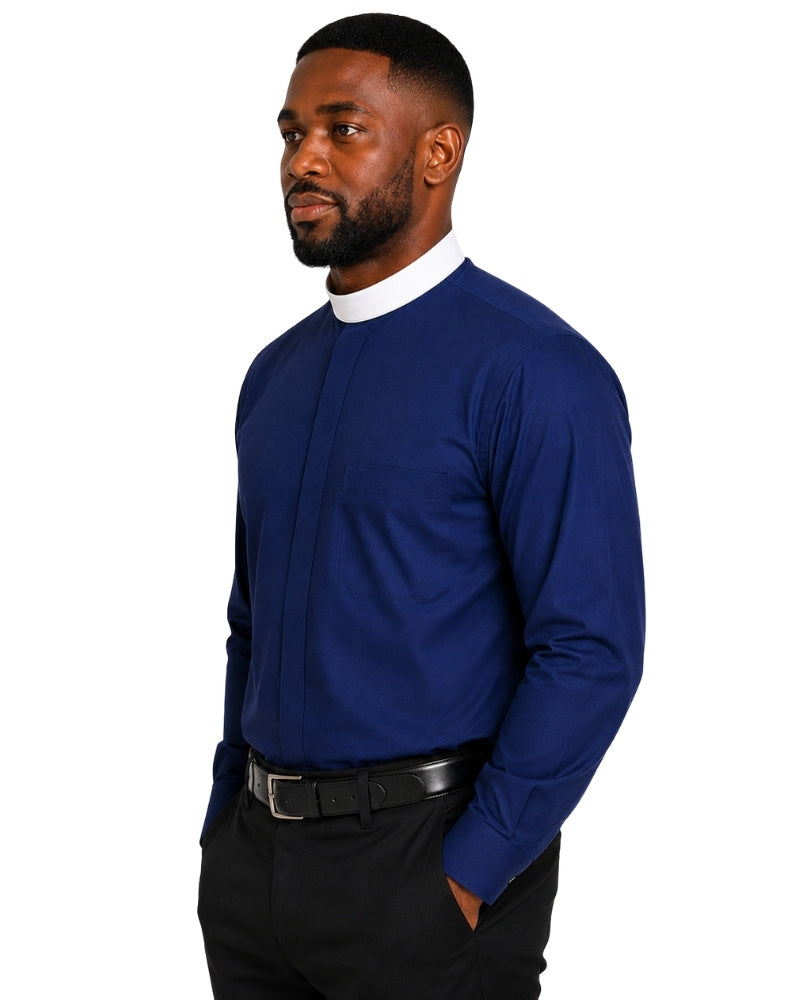A man wearing a royal blue long-sleeve clerical shirt with a white collar, paired with black trousers and a black belt, shown in a side profile against a white background.