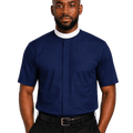 A man wearing a navy blue short-sleeve clerical shirt with a white collar, paired with black trousers and a black belt, photographed against a solid white background.