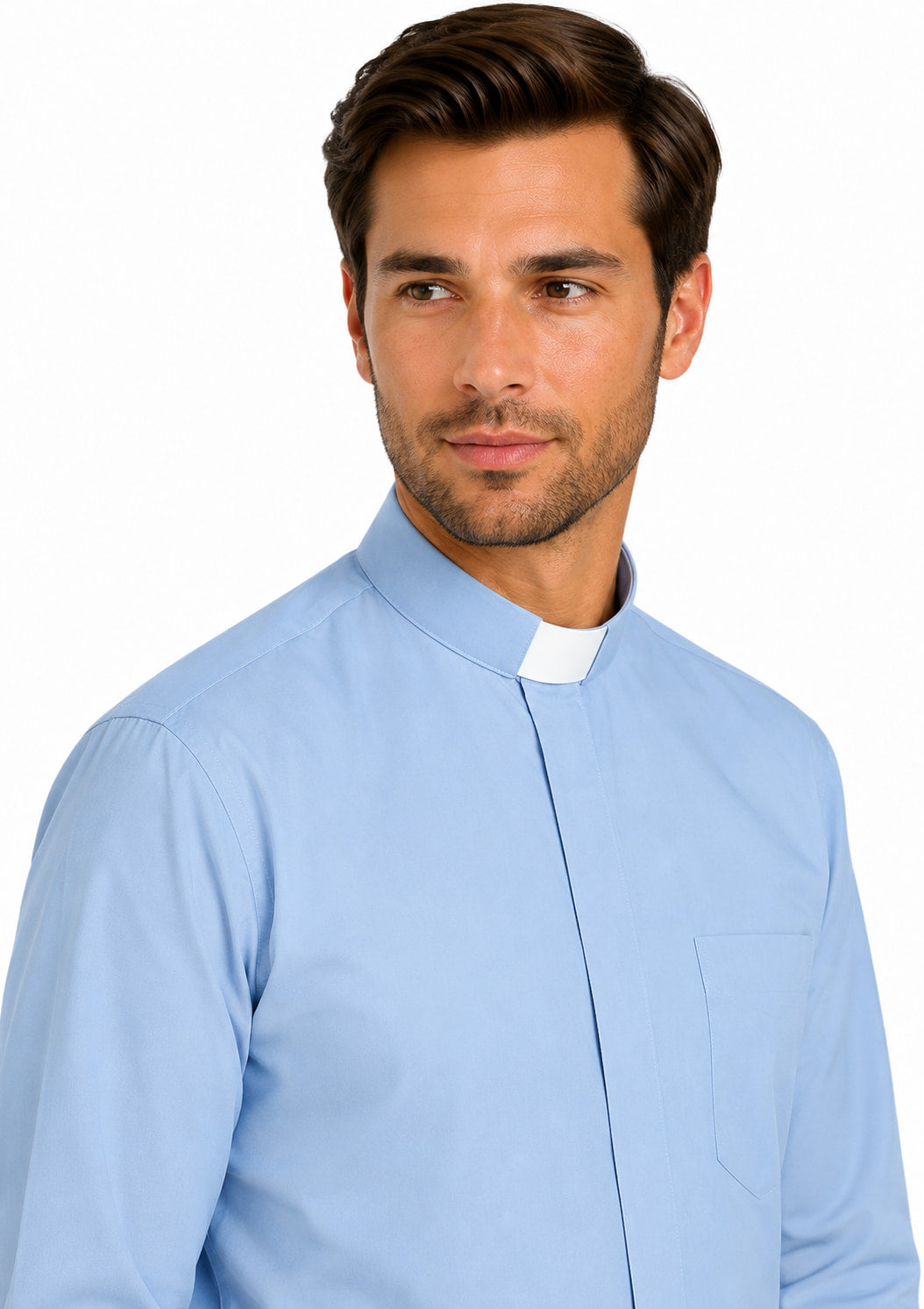 Man wearing a light blue clerical shirt on a white background