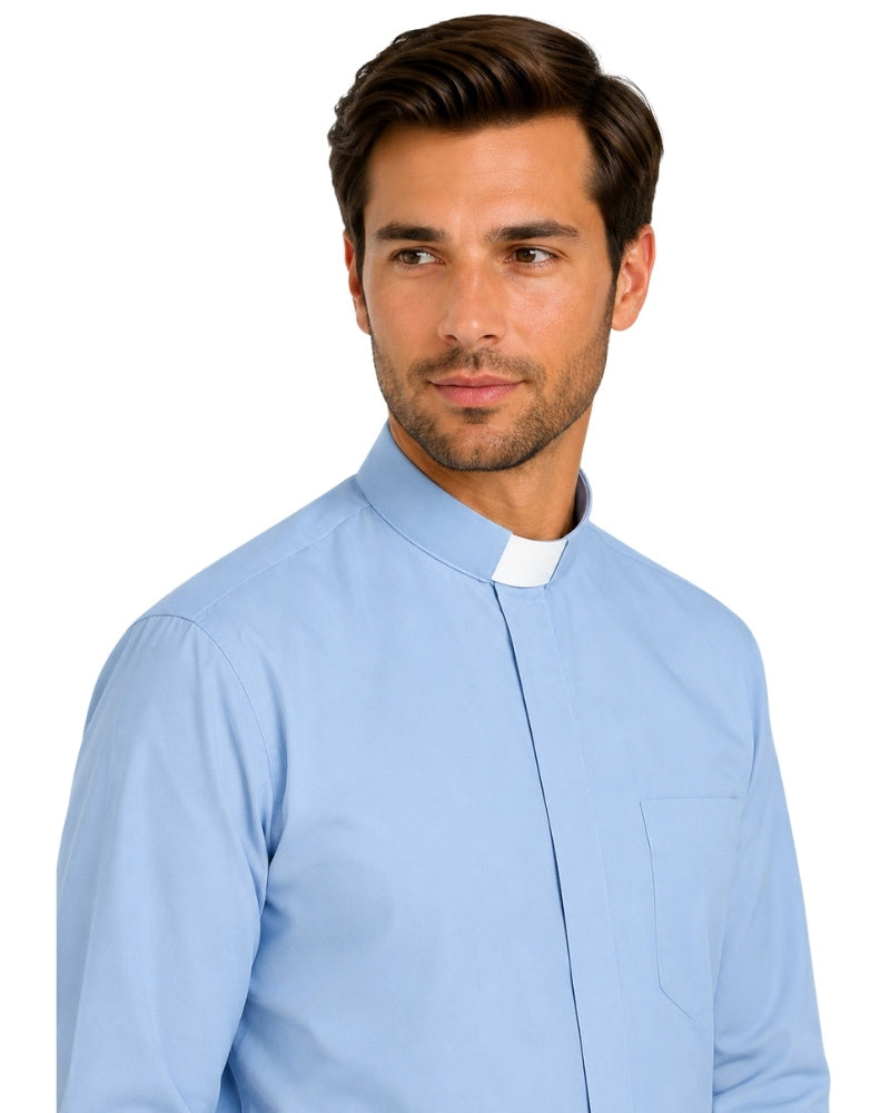 Man wearing a light blue clerical shirt on a white background