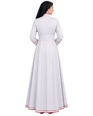 A woman shown from the back wearing a 
Pious White Anglican Cassock With Red Trim with long sleeves, a high neckline, and thin red piping accents at the cuffs and hem, against a plain white studio background.